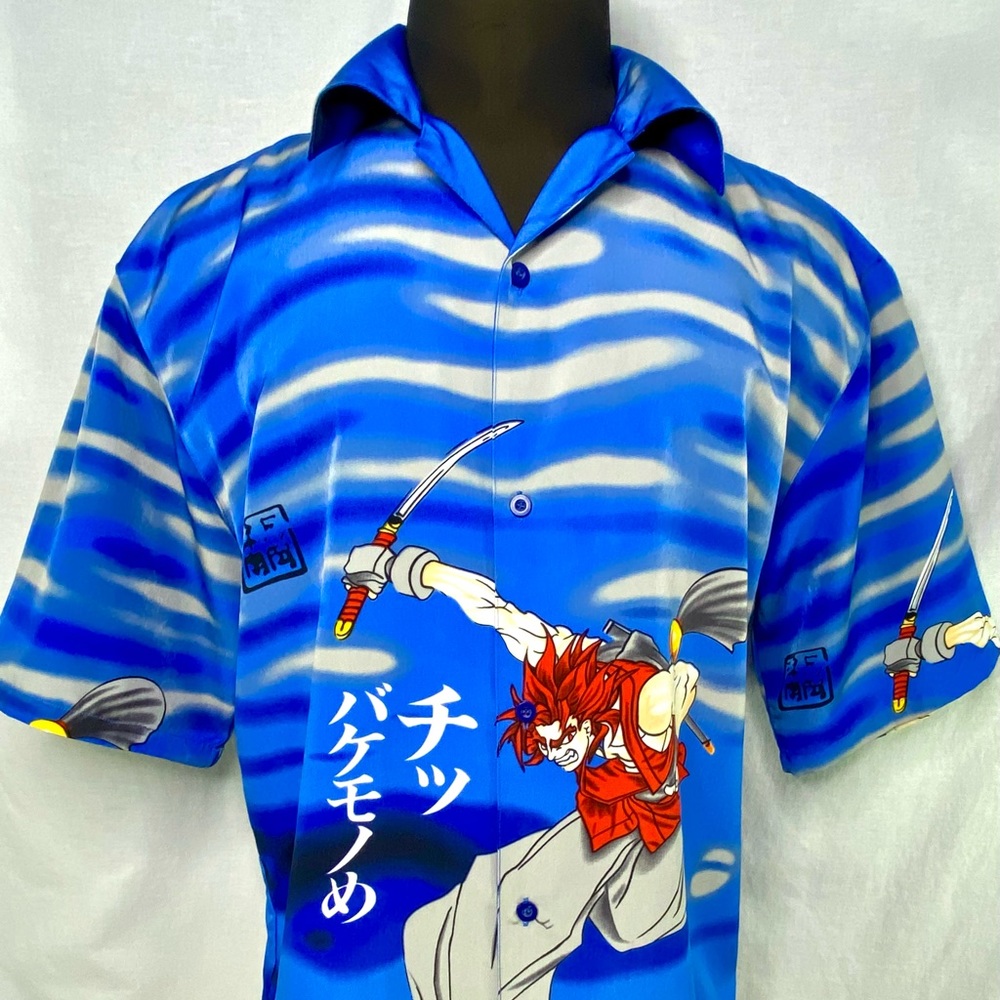 Anime Button Up Shirt Japanimation Warrior Blue Size XL Vintage 90s Rare